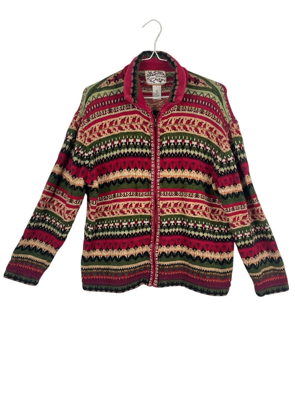Vintage Heirloom Collectables Knit Zip Front Red Green Cream Sweater Jacket XL